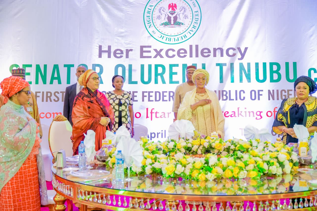 First Lady, Senator Oluremi Tinubu (m); Wife of Vice President, Hajia Nana Shettima (2nd left);  former First Lady Patience Jonathan (right) and Hajia Maryam
