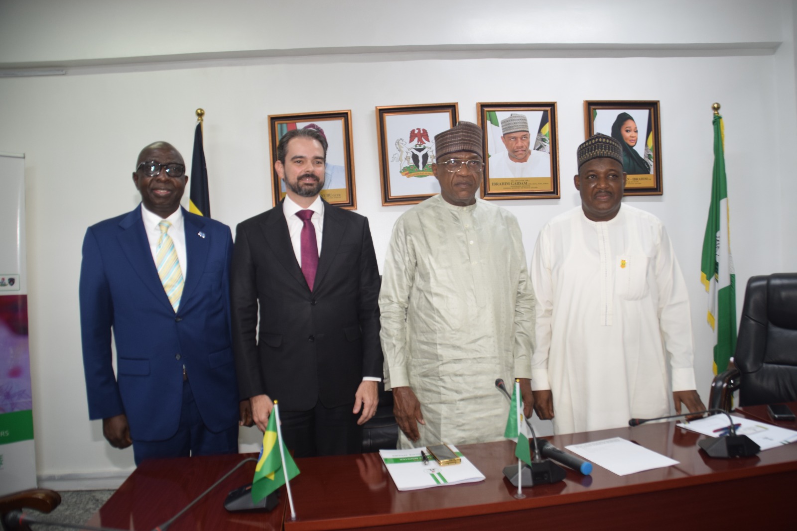 L-R: Vice President Interpol Africa) AIG Umar Garba; Vice President (INTERPOL) Mr. Valdecy Urquiza; Minister of Police Affairs, Senator Ibrahim Gaidam and Permanent Secretary, Dr. Nasir Sani Gwarzo during the visit of the INTERPOL team led by its Vice President Mr. Valdency Urquiza to the Headquarters of the Ministry of Police Affairs in Abuja.