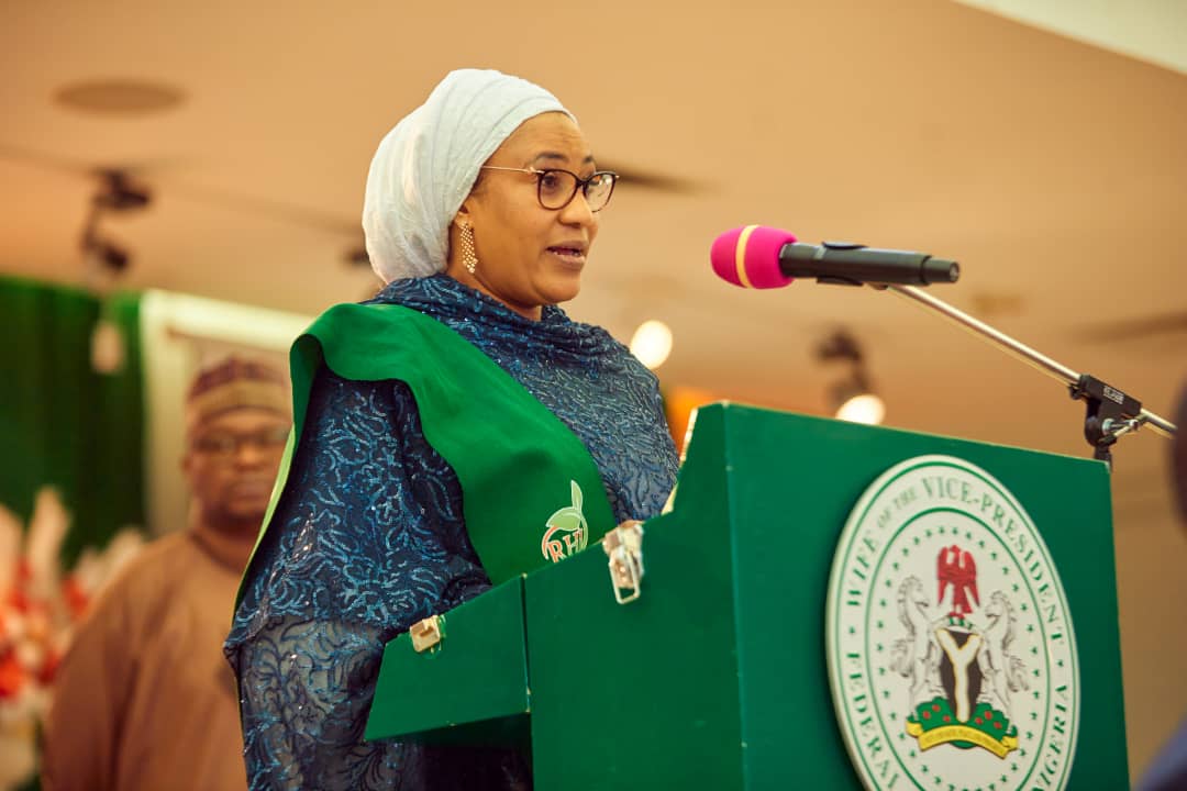 Wife of the Vice President, Hajia Nana Shettima speaking at the launch of the Renewed Hope Initiative's Agriculture Support Program in South-South geopolitical zone 
