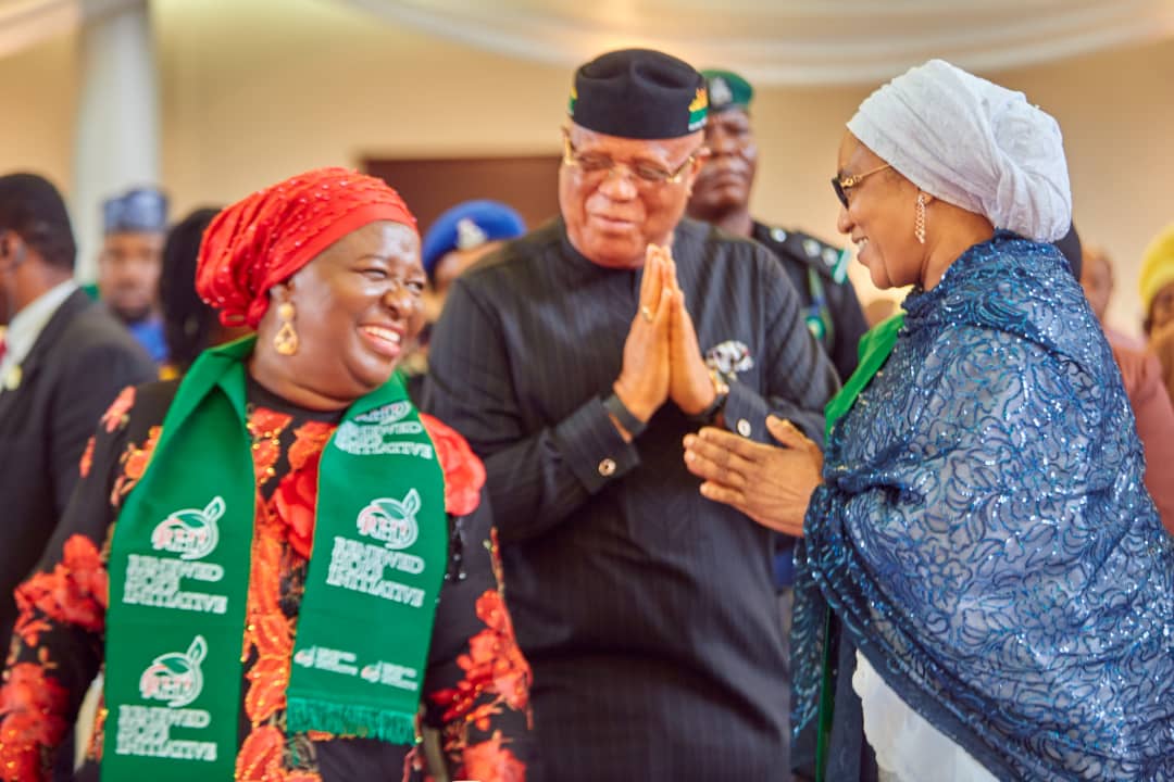 L-R: First Lady, Akwa Ibom State, Pastor Patience Eno; Executive Governor, Akwa Ibom State, Pastor Umo Bassey Eno and Wife of the Vice President, Hajia Nana Shettima during the launch of Renewed Hope Initiative's Agriculture Support Program in South-South geopolitical zone 