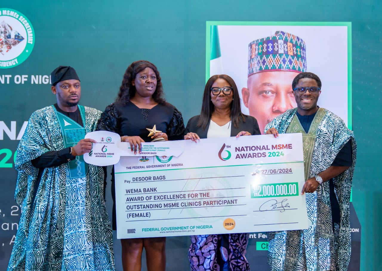 L-R: Senior Special Assistant to the Vice President on MSMEs and Job Creation, Temitola Adekunle-Johnson; Winner, Outstanding MSME Clinic category [Female] in the National MSME Awards 2024 sponsored by Wema Bank, Adesola Adedoyin; Divisional Head, Retail and SME, Wema Bank, Ayodele Olojede; Executive Director, Retail and Digital Business, Wema Bank, Tunde Mabawonku and Retail Cluster Head, Abuja and North, Wema Bank, Timileyin Obisesan at the 2024 National MSME Awards in Abuja, yesterday
