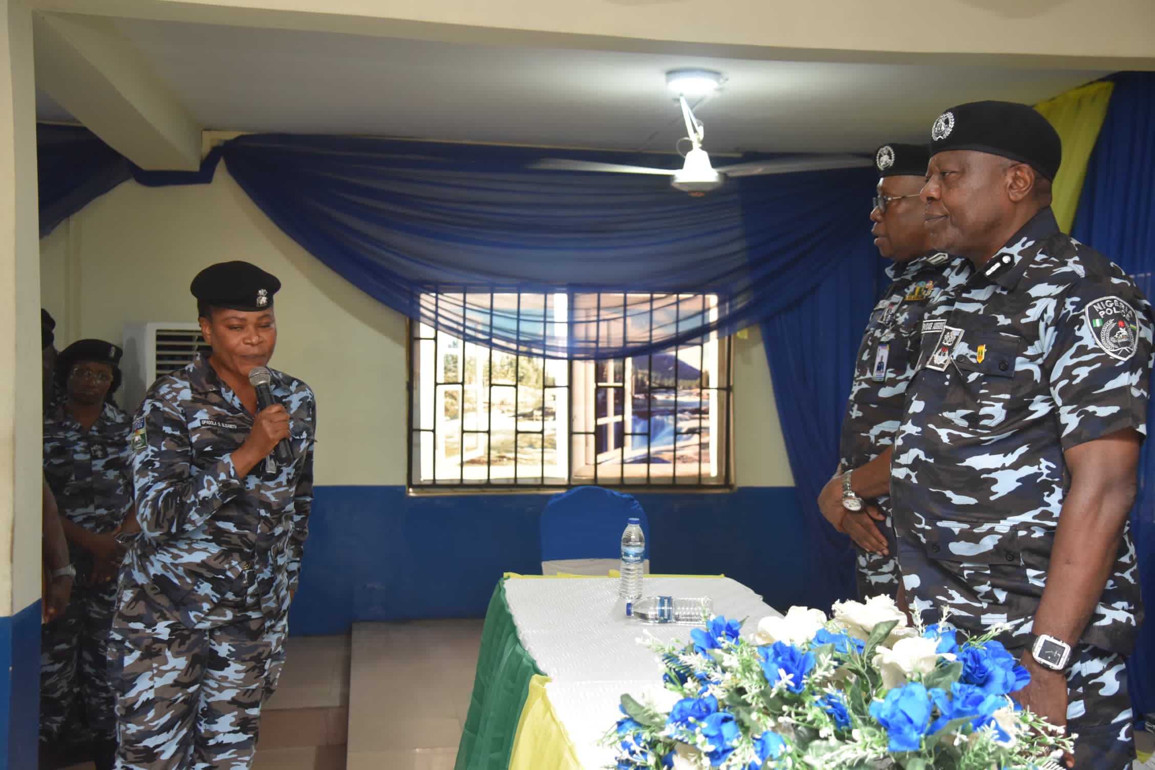 L-R: DPO, Ojodu Division, CSP Elizabeth Oluwatoyin Opadola giving the vote of thanks as Commissioner of Police, Lagos State Command, CP Adegoke Fayoade and Area Commander, Area F, ACP Paul Azuka Okafor looks on...