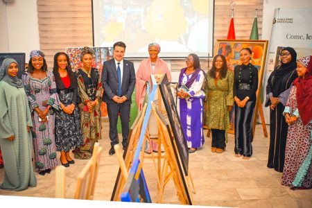 First Lady of Nigeria, HE Senator Oluremi Tinubu (middle) flanked on the left by the Director of the Yunus Emre Institute, Abuja, Musa Erbas, on the right by Director of culture, Mrs Akande and other artists during the visit of the First Lady to the Yunus Emre Institute, Abuja on Tuesday 23rd July, 2024
