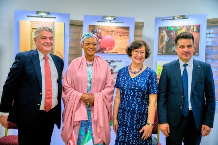L-R Ambassador of Turkey to Nigeria, HE Hidayet Bayraktar, the First Lady of Nigeria, HE Senator Oluremi Tinubu, Wife to the Turkish Ambassador, Fusun Bayraktar and Director of the Yunus Emre Institute, Abuja, Musa Erbas during the visit of the First Lady to the Institute in Tuesday 23rd July, 2024