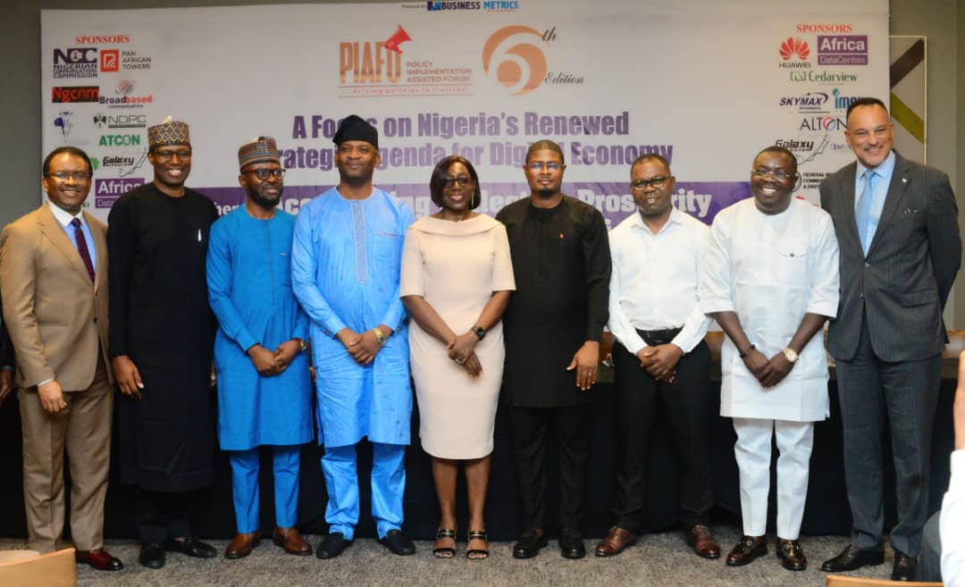 L—R: Executive Director, Broadbased Communications Limited, Chidi Ibisi; National Chairman, Association of Licensed Telecoms Operators of Nigeria, Engr. Gbenga Adebayo; Chief Operating Officer, WTES Projects Limited, Chidi Ajuzie; Chief Executive Officer, Skymax Integrated Networks Limited, Engr. Chidi Charles Agukwe; Deputy Director, Policy, Competition and Economic Analyses, Nigerian Communications Commission, Mrs. Freda Bruce-Bennett; the Convener of Policy Implementation Assisted Forum (PIAFo), Mr. Omobayo Azeez; Lucky Anumaka, Manager, Managed Services and Operations, Zora Communications Limited; Co-founder/Executive Director, Infratel Africa, Dr. Tola Yusuf; and the Chief Executive Officer, Open Access Data Centre, Dr. Atotunde Coker at the sixth edition of PIAFo on Digital Economy held on Wednesday in Lagos.