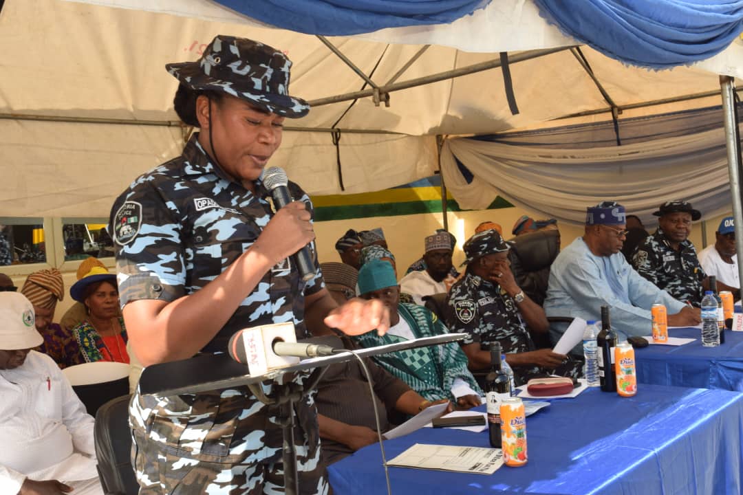 DPO, Ojodu Division, CSP Elizabeth Oluwatoyin Opadola giving her welcome remarks at the commissioning of Ojodu PCRC Building, Ambulance Bus Station and other projects facilitated by Hon. James Faleke at Ojodu Police Division. 
