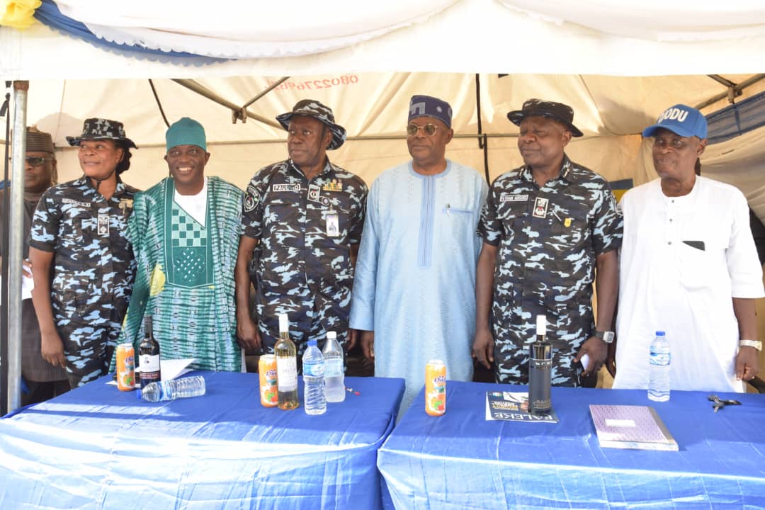 L-R: DPO Ojodu Police Division, CSP Elizabeth Oluwatoyin Opadola; Chairman, PCRC Lagos State, Apostle Kehinde Showemimo; Commander, Area F, ACP Paul Azuka Okafor; Member, Federal House of Representatives, Rt. Hon. James Abiodun Faleke; Commissioner of Police, Lagos State Command, CP Adegoke Fayoade and Chairman, Ojodu CDA, Alhaji Sanni during the commissioning of Ojodu PCRC Building, Ambulance Bus Station, other Projects facilitated by Hon. James Faleke at Ojodu Police Division. 