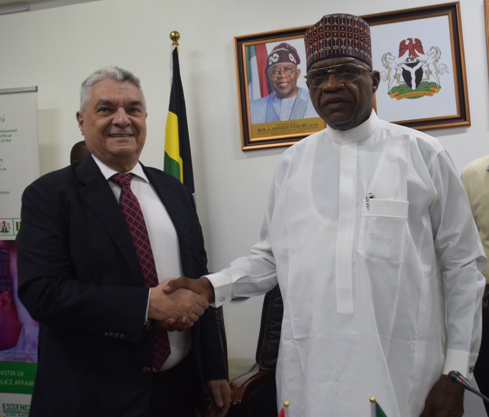 Turkiye Ambassador to Nigeria, His Excellency, Ambassador Hidayat Bayraktar, and Honourable Minister of Police Affairs, Senator Ibrahim Gaidam during the visit of the Turkiye Ambassador to Nigeria to the Headquarters of the Ministry in Abuja.