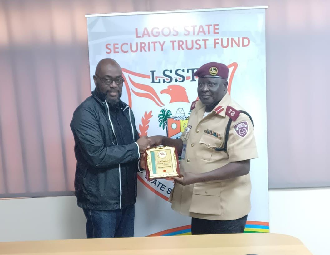 L-R: Executive Secretary/CEO, Lagos State Security Trust Fund, LSSTF, Dr. Abdurrazaq Balogun receiving a souvenir from the Sector Commander, FRSC Lagos Sector Command, CC Patrick Davou Dung during the Sector Commander's courtesy visit to LSSTF ES 
