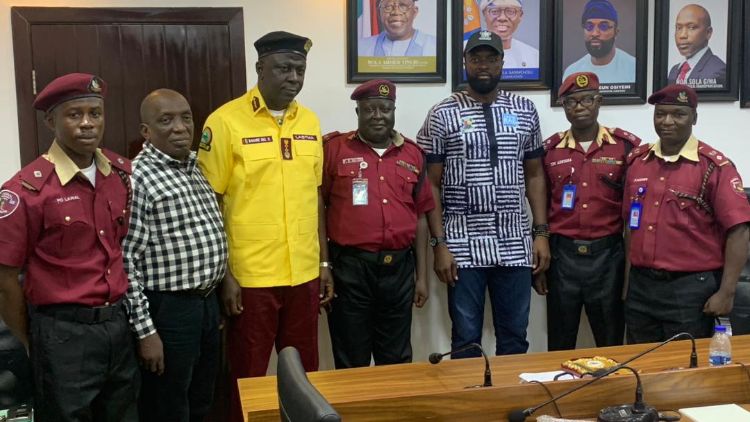 Honourable Commissioner for Transportation, Lagos State, Mr Oluwaseun Osiyemi (3rd right); Sector Commander, FRSC Lagos Sector Command, CC Patrick Davou Dung (m); General Manager, LASTMA, Mr. Olalekan Bakare-Oki (3rd left) and other officers at the Commissioner for Transportation office in Alausa, Ikeja. 