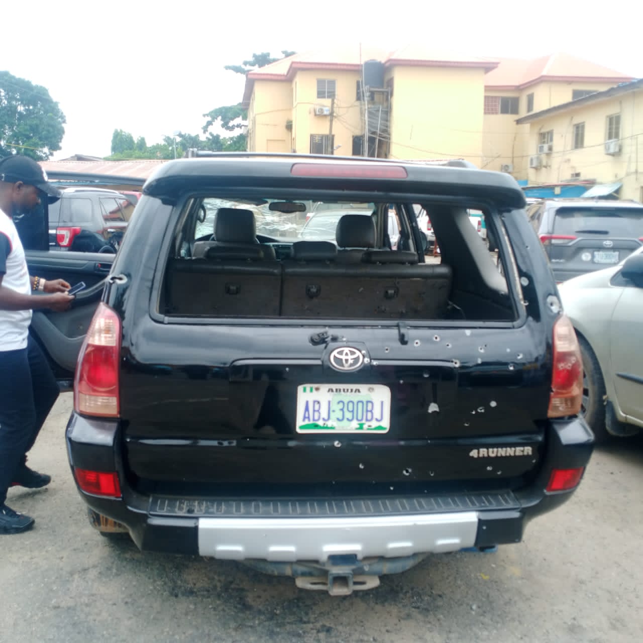 One of the kidnappers operational vehicles with several gun bullets...