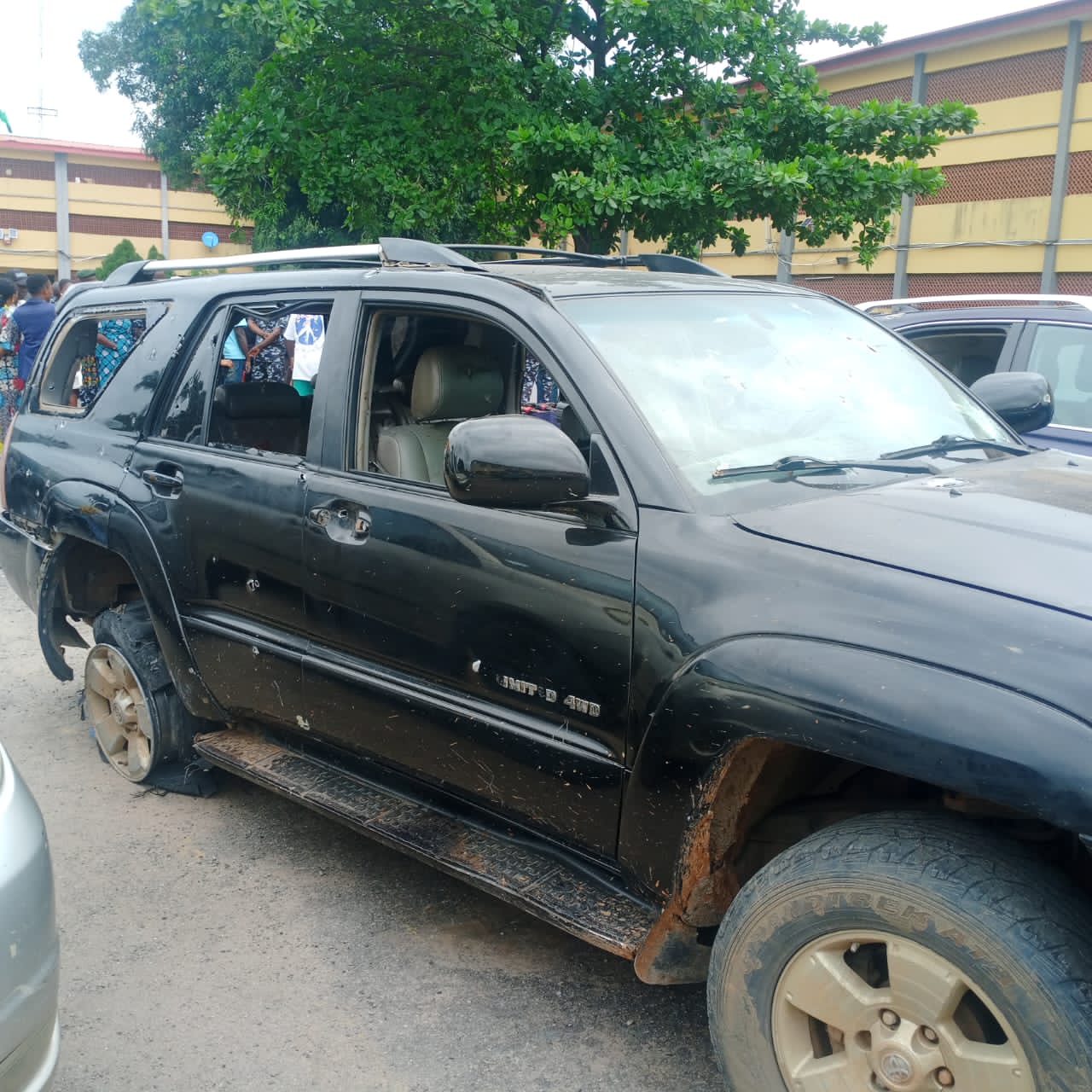 One of the kidnappers operational vehicles with several gun bullets...