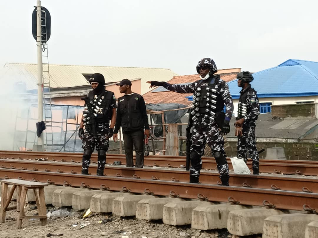 CSP Akerele Adetayo with his officers and men of the agency in a joint operation with sister formations of the Lagos State Police Command to sack illegal squatters and clear all shanties along the long stretch of Fagba railway corridor