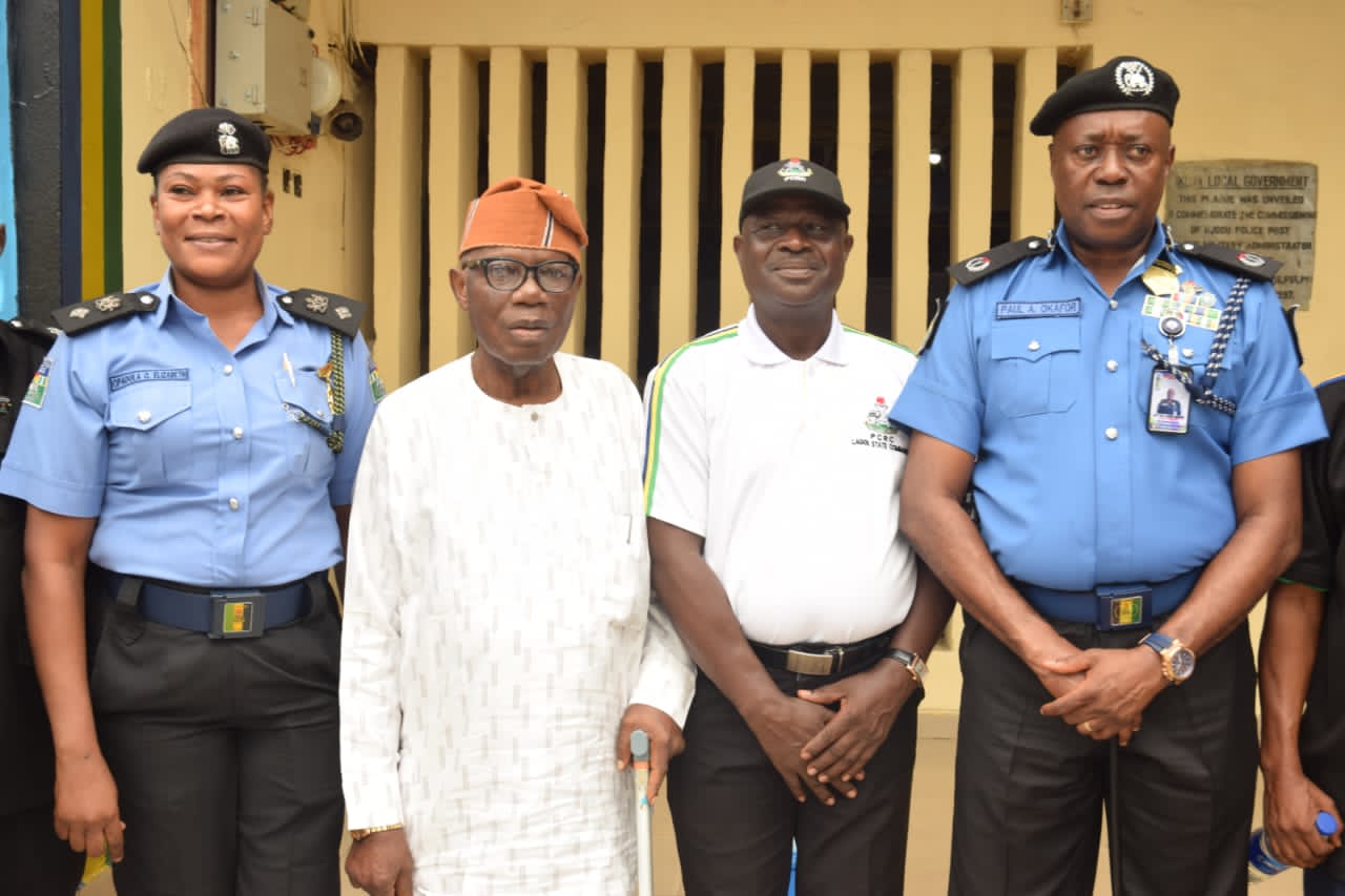 L-R: DPO, Ojodu Division, CSP Elizabeth Opadola; Pioneer Chairman, PCRC Ojodu, Alhaji Jayeola Sanni; Chairman, Ojodu PCRC, Elder Samuel Ayanfe and Commander, Area F, ACP Paul Azuka Okafor during ACP Okafor's familiarization visit to Ojodu Division