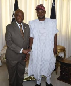 President, Republic of Liberia, President Joseph Boakai in a warm handshake with the Executive Adviser, Presidential Special Envoy on Investment Republic of Liberia, Amb. Tosin Sanusi