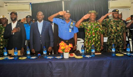 L-R: Honourable Commissioner, Youth and Social Development, Lagos State, Hon. Mobolaji Ogunlende RAK; Director, Department of State Security, Lagos, Dapo Amoo; Commissioner of Police, Lagos Command, CP Adegoke Fayoade and other security agencies officers at the Lagos Commissioner of Police Town Hall Meeting Themed: Enhancing Community Engagement And Participation in Fostering Peace, Security and Unity in Lagos held at POWA Secretariat, Oduduwa, GRA, Ikeja.