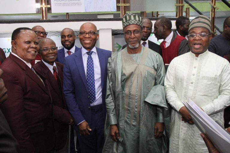 L-R: Doyen, Nigerian Exchange Group (NGX), Sam Willie Ndata; Doyen of the Capital Market, Alhaji Rasheed Yussuff; CEO, NGX Regulation, Femi Shobanjo; Executive Director, Risk Management, Access Bank Plc, Greg Jobome; Minister of Environment, Malam Balarabe Abbas Lawal, and Group Chairman, NGX Group, Alhaji Umaru Kwairanga at the launch of the NGX Impact Board at the Nigerian Exchange… recently.