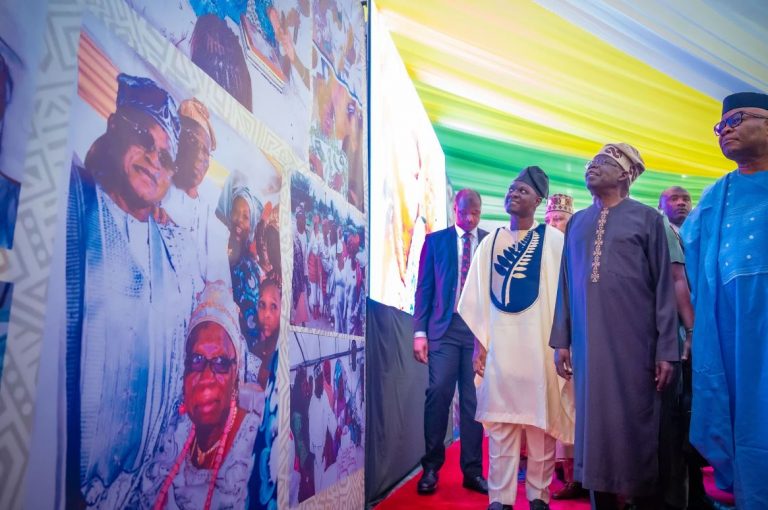 President Bola Ahmed Tinubu (m); Senate President, Senator Godswill Akpabio (right) and Producer of the Play, "Abibatu Mogaji: An Opera," Mr. Ola Awakan (left)...