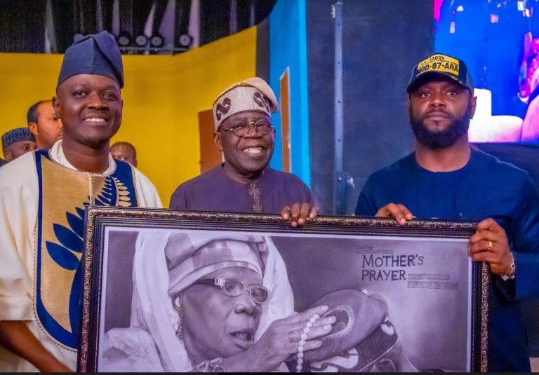 President Bola Ahmed Tinubu (m); Son of the President, Mr. Seyi Tinubu (right) and Producer of the Play, "Abibatu Mogaji: An Opera," Mr. Ola Awakan