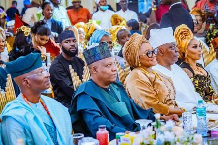 L-R: Inspector-General of Police, IGP Kayode; Vice President, Senator Kashim Shettima; Honorable Minister for State Police Affairs, Hajia Imaan Sulaiman-Ibrahim; Chief Razak Okoya and his wife, Chief Mrs. Shade Okoya during IGP Egbetokun's Son, Victor Wedding to Anjolaoluwa at Harbour Point, Lagos. 