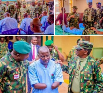 Minister of State for Defence, Bello Matawalle and Chief of Defence Staff, Gen Christopher Musa, one of the injured officers at Military Hospital, 8 Div, Sokoto