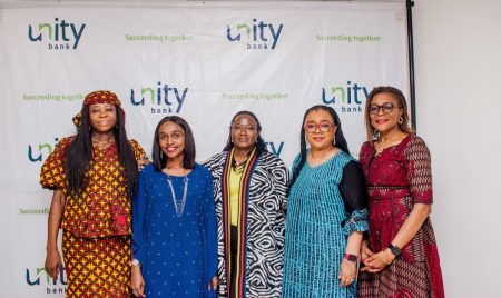 L-R: Mrs. Patricia Ahunanya, Chief Compliance Officer, Unity Bank Plc; Nkechinyere Ojiego, General Manager of Simba Group; Mrs. Adenike Abimbola, Divisional Head, Retail and SME Banking, Unity Bank Plc; Angela Ajala, Coordinator, ANWBN and Lady Isioma Fidel-Ewerem, from Women in Renewable Energy at the capacity-building workshop for women entrepreneurs held recently at Unity Bank HQ in Lagos.