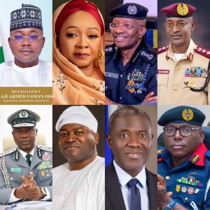 L-R: Executive Governor, Kogi State, Alhaji Ahmed Usman Ododo; Honorable Minister of State for Police Affairs, Hajia Imaam Sulaiman-Ibrahim; Inspector-General of Police, IGP Kayode Adeolu Egbetokun; Corps Marshal, Federal Road Safety Corps, FRSC, CM Shehu Mohammed; Comptroller General of Nigeria Customs Service, NCS, CG Bashir Adewale Adeniyi; Board Member of Lagos State Security Trust Fund, LSSTF, Dr. Ayo Ogunsan; Executive Vice Chairman/CEO, Nigeria Communications Commission, NCC, Dr. Aminu Maida and Commandant General of NSCDC, Dr. Ahmed A. Audi