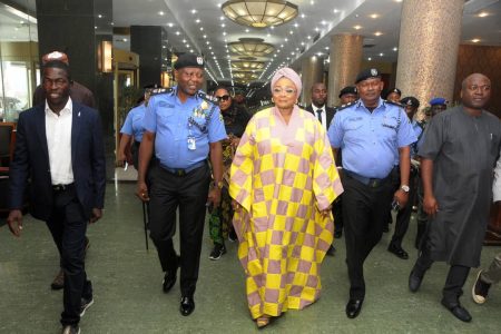 L-R: President, National Association of Online Security News Publishers, NAOSNP, Oki O. Samson; Assistant Inspector-General of Police, AIG Zone 2, AIG Adegoke Fayoade; Honorable Minister of State for Police Affairs, Hajia Imaan Sulaiman-Ibrahim and Commissioner of Police, Lagos State Command, CP Olanrewaju Olawale Ishola during the Minister's arrival at NAOSNP Security Conference and Awards 2024 held at Oriental Hotel, Victoria Island, Lagos. 
