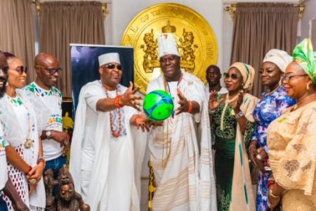 GMD, Adron Homes and Properties, Aare Oba Adetola Emmanuel-King Presenting The Adron Games' Branded Football to His Imperial Majesty, Ooni Adeyeye Enitan Ogunwusi, Ojaja II, Ooni of Ife