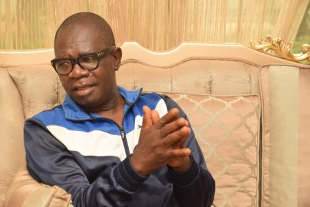 Governorship Candidate, People Democratic Party, PDP, Chief Agboola Alfred Ajayi during a Media chat with the President, National Association of Online Security News Publishers, NAOSNP, Oki O. Samson. 