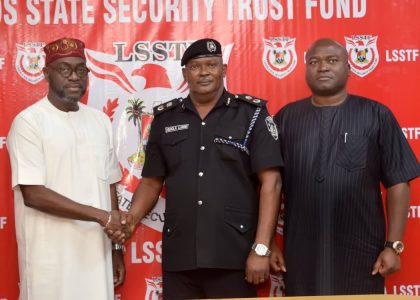 L-R: Executive Secretary/CEO, Lagos State Security Trust Fund, LSSTF, Dr. Abdurrazaq Balogun; Commissioner of Police, Lagos State Command, CP Ishola Olarenwaju Olawale and Board Member, LSSTF, Dr. Ayo Ogunsan during CP Ishola's courtesy visit to LSSTF. 