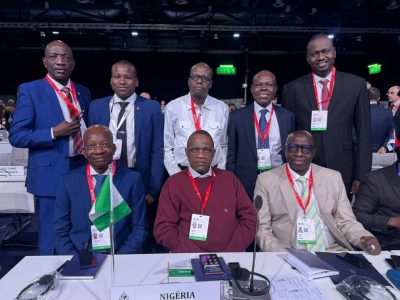 (Sitting) Pic L-R: Inspector General of Police, IGP Olukayode Egbetokun, Vice President Africa (INTERPOL), AIG Umar Garba (RTD), Minister of Police Affairs, Senator Ibrahim Gaidam, Vice President Africa (INTERPOL), AIG Umar Garba (RTD), and others at the 92nd session of the INTERPOL General Assembly taking place from 4 to 8 November 2024 in Glasgow, United Kingdom.