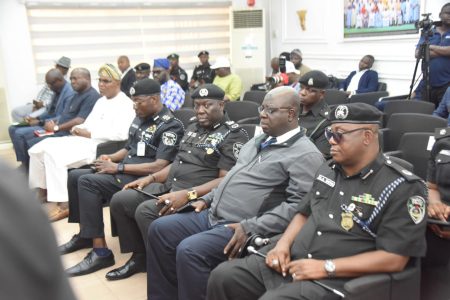 L-R: CSO to Gov Babajide Sanwo-Olu, CSP Fagbemi Adekunle; Executive Secretary/CEO, Lagos State Security Trust Fund LSSTF, Dr. Ayodele Ogunsan; Special Adviser to the Lagos State Governor on CBDs, Mr Olugbenga Oyerinde; Assistant Inspector General of Police, AIG Zone 2, AIG Olorundare Moshood Jimoh; Commissioner of Police, Lagos State Command, CP Fatai Tijani; Deputy Commissioner of Police, DC State CID, DCP Dayo Akinbisehin and ACP Smith during DIG Fayoade's working visit to the Lagos State Government