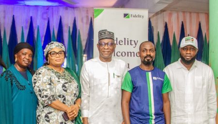 L-R: Incoming Vice Chairman, Lokoja LGA, Mrs Fatima Abdulkadir; Kogi State Project Coordinator, Nigeria for Women Project Scale-Up (NFWP-SU), Pastor Mrs. Esther Ameadaji; Hon. Commissioner for Water Resources, Kogi State, Engr. Yahaya Faruk; Branch Leader, Fidelity Bank Plc, Lokoja, Mr Nuhu Omale; and Commissioner for Youth & Sports Development, Kogi State, Hon. Aridaojo Monday Anyebe; during the Fidelity Food Bank Distribution exercise in Lokoja, Kogi State recently.