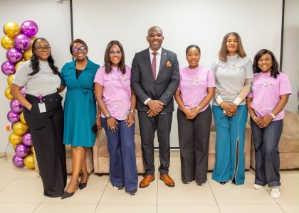 L-R: Cynthia Sanyaolu Head, Talent Management, Polaris Bank; Bukola Oluyadi, Group Head, Customer Experience & Value Management, Polaris Bank; Olanrewaju Oyekunle, Ag. Chief Talent & Culture Officer, Polaris Bank; Rasheed Bolarinwa, Head, Brand Management & Corporate Communications, Polaris Bank; Abimbola Ozomah, Executive Director, Corporate & Investment Banking, Polaris Bank; Njideka Nwabueze, Head, Retail Banking, Polaris bank & Olamide Adeyeye, Leaning & Development Officer, Polaris Bank at the “Bring Your Child to Work” event in Lagos recently.